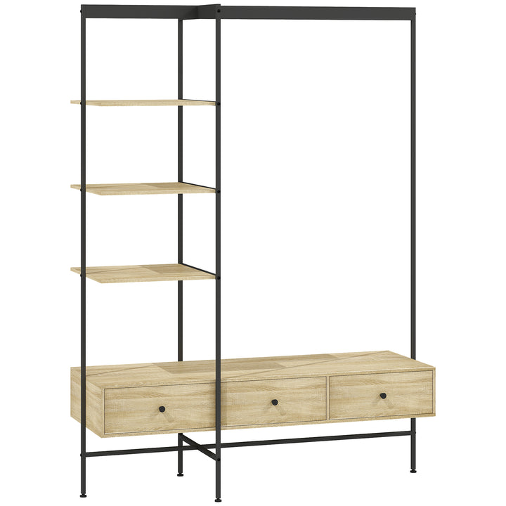 Knagerække med hylder, skuffer og garderobestang, 180 cm fritstående garderobestativ i moderne stil, metalramme, egetræ