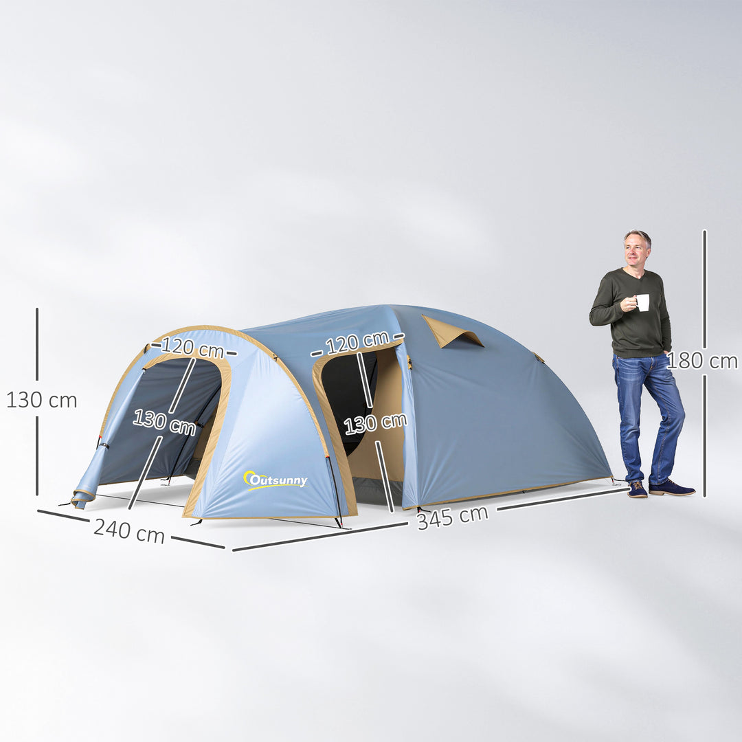 Campingtelt til 4 personer, vandtæt tunneltelt med 2 døre, kroge, pakkepose, 3,45 x 2,4 x 1,3 m, lyseblå