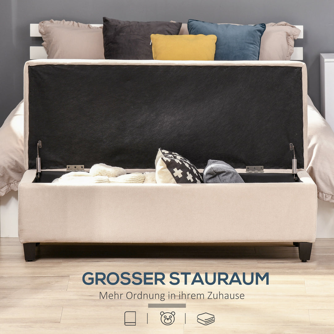 Polstret bænk med opbevaring, knapsyninger, op til 120 kg, 125 x 49 x 41,5 cm, beige