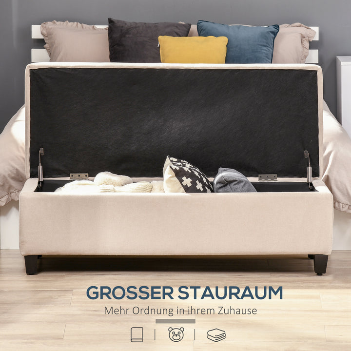 Polstret bænk med opbevaring, knapsyninger, op til 120 kg, 125 x 49 x 41,5 cm, beige