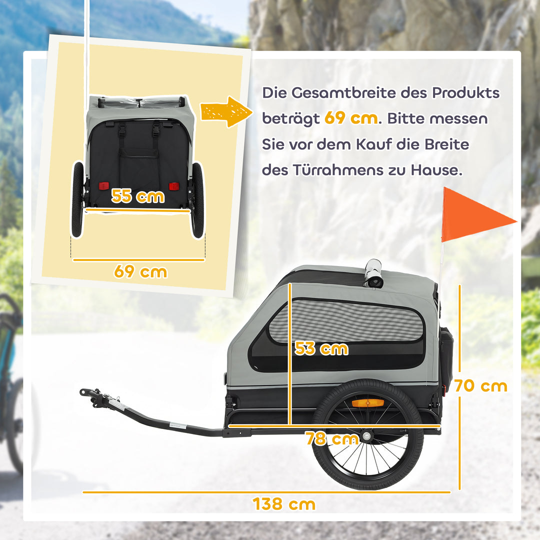 Sammenklappelig cykeltrailer til mellemstore hunde op til 20 kg med nedklappelig rampe, reflekser, snor, flag, grå.