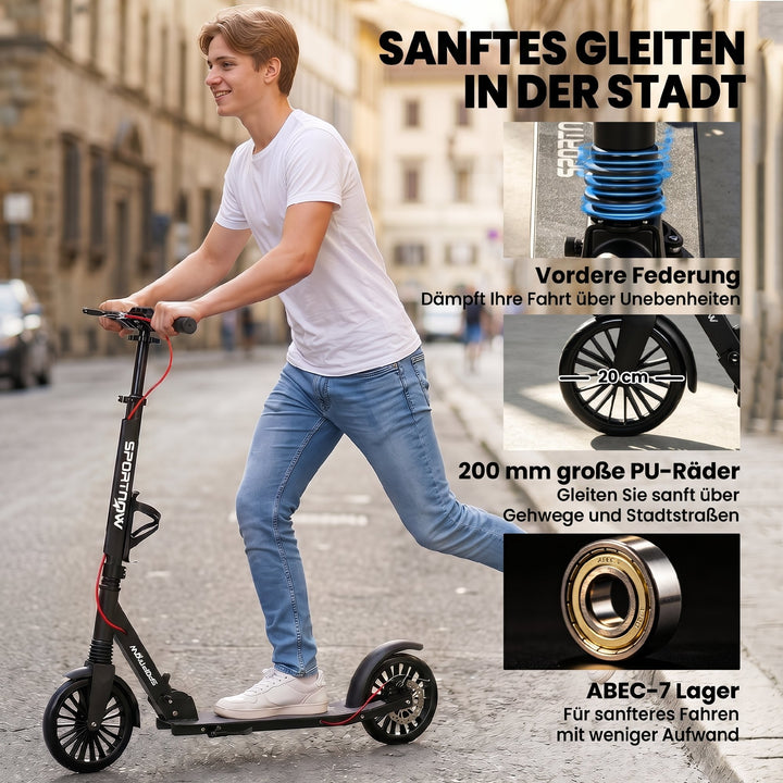 Cityscooter, aluminium, højdejusterbar og foldbar, med 200 mm PU-hjul, ABEC-7 kuglelejer, dobbelt bremsesystem