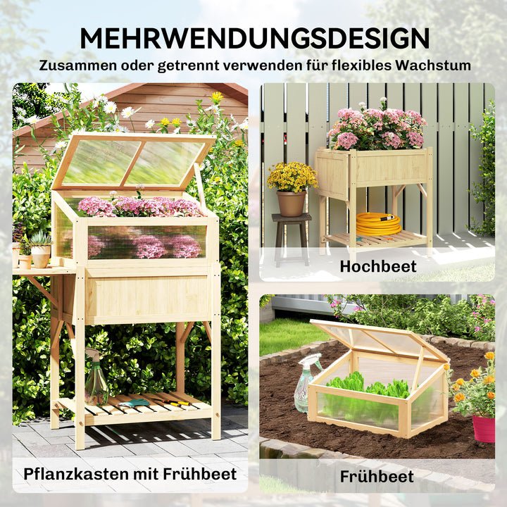Højbed med kold ramme af træ, plantekasse med drivhus, foldbar, sidebord, opbevaringsrum, naturtræ
