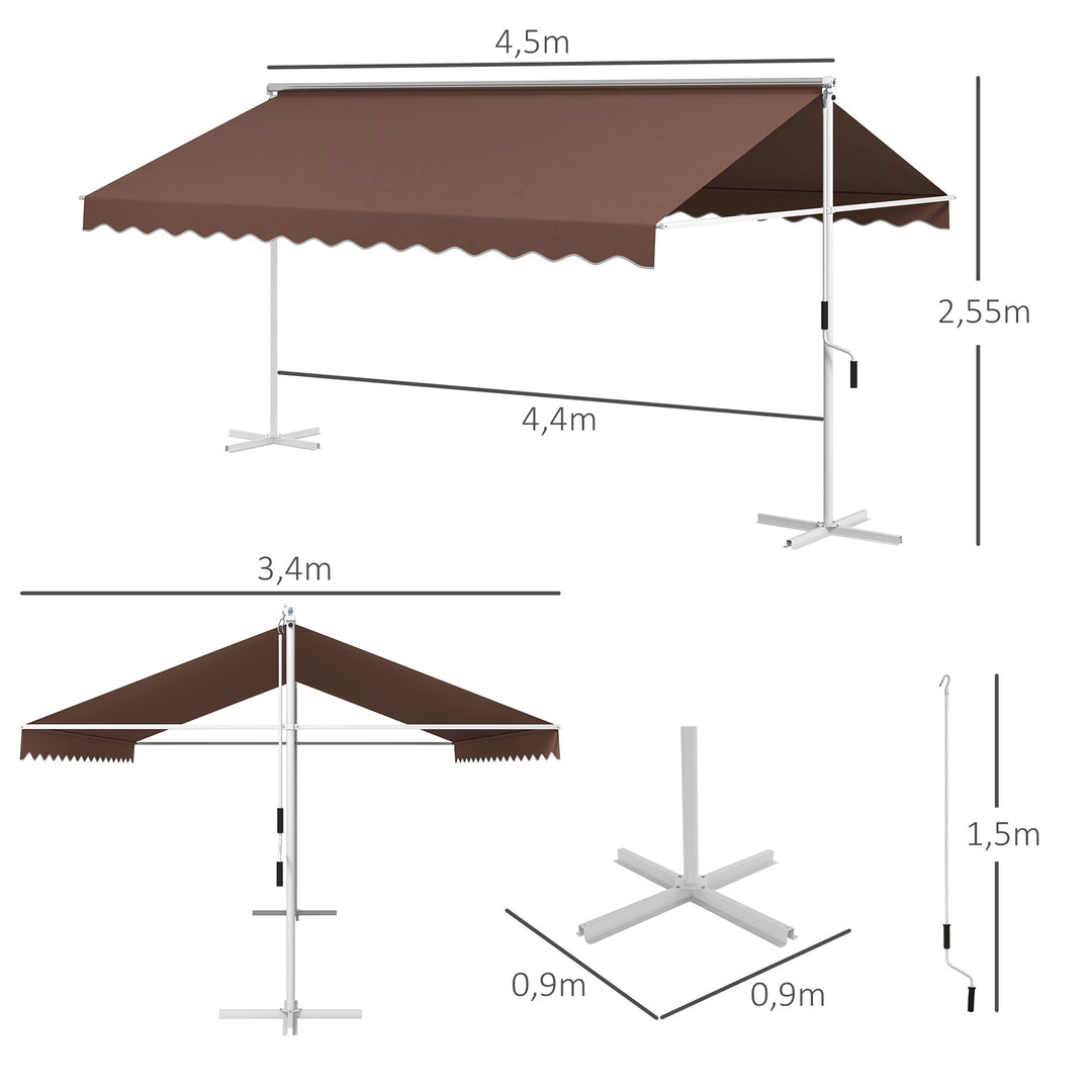Fritstående markise 4,5x3,4m, justerbar med vippefunktion, håndsving, metalramme, brun