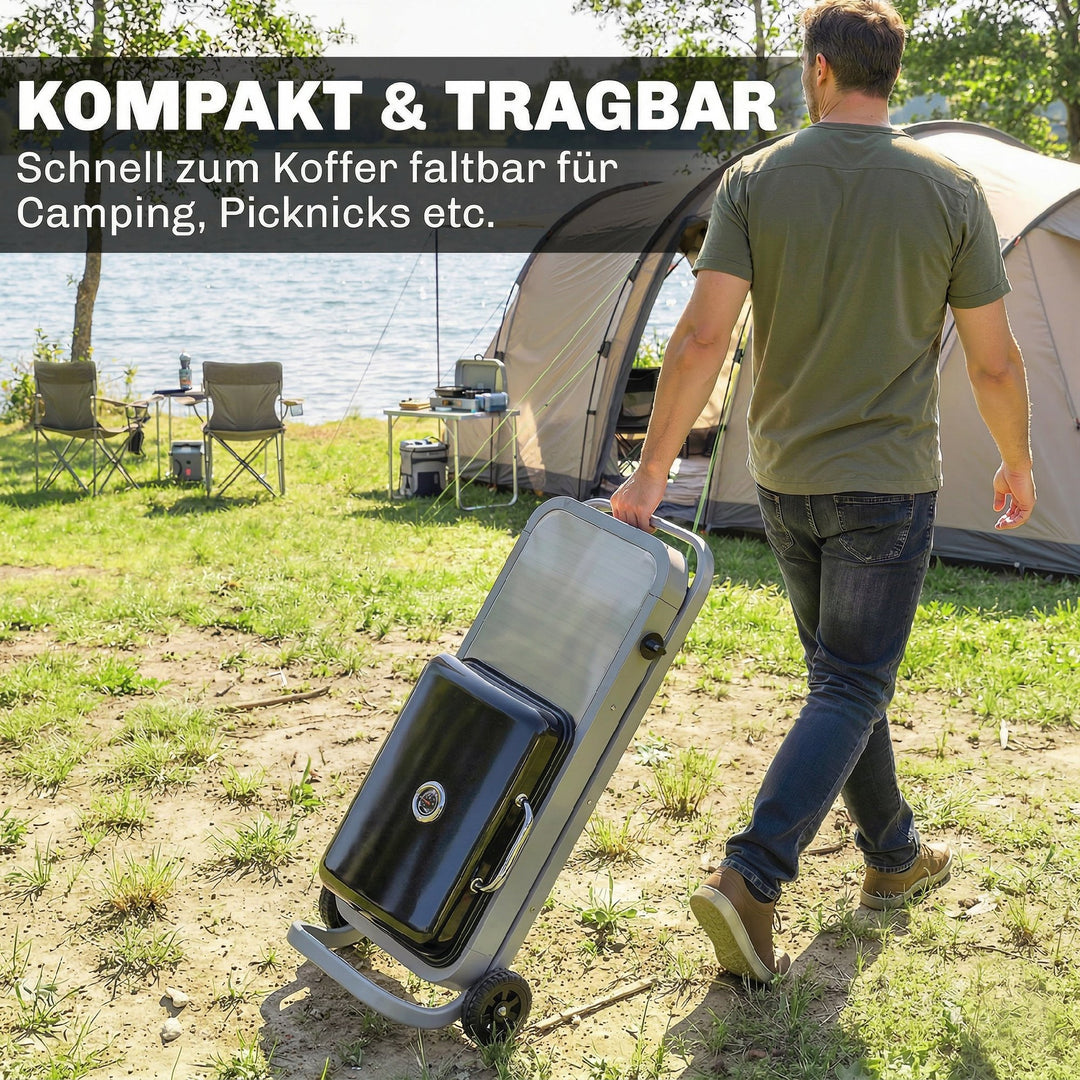 Bærbar gasgrill, 1 brænder, 2,5 kW, grillvogn med foldbar vogn, grillrist, sidebord, låg, termometer