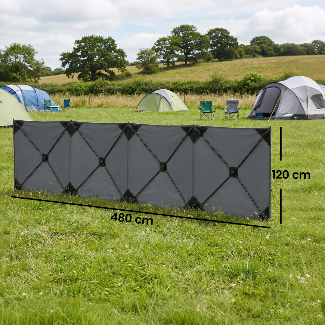 Sammenklappelig læhegn/campingskærm med barduner, jordpløkker og bæretaske til camping og havebrug, 480 x 120 cm, mørkegrå