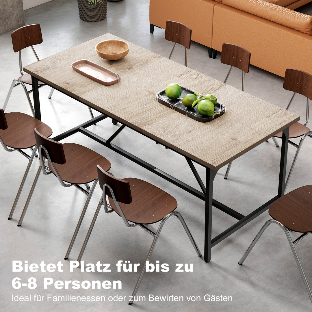 Spisebord til 6-8 personer. Moderne rektangulært køkkenbord med trælook, 180 x 80 x 75,5 cm, naturfarvet.