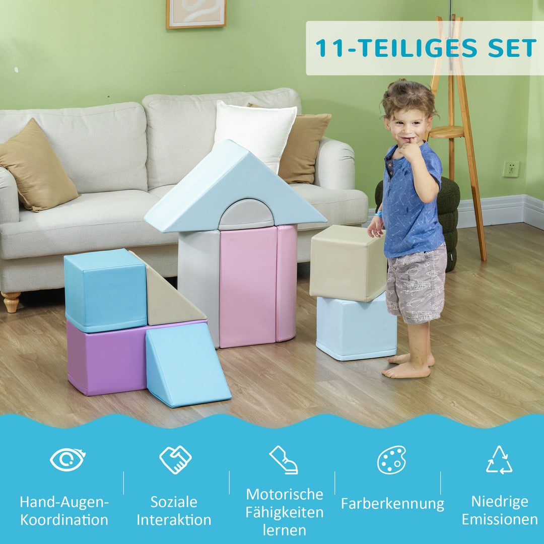 11-Delt blødt byggeklodssæt, skumklodser til boltre og klatre, til børn 1-3 år, kunstlæderbetræk, farverigt