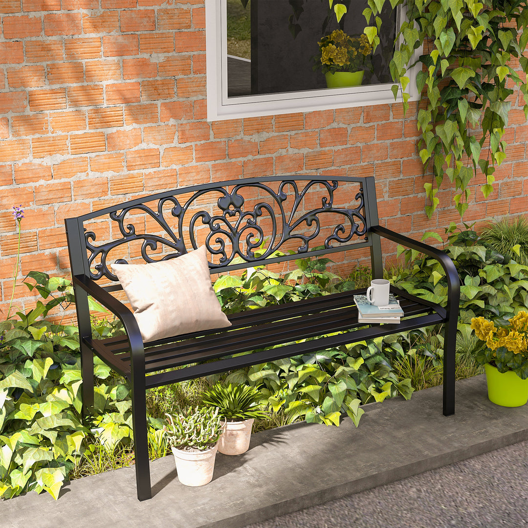 Metalhavebænk, blomsterdesign, 2-personers, 240 kg lasteevne, stål, 127L x 60B x 87H cm, sort