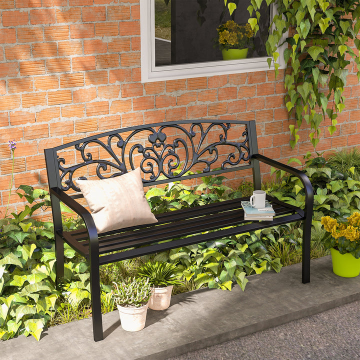 Metalhavebænk, blomsterdesign, 2-personers, 240 kg lasteevne, stål, 127L x 60B x 87H cm, sort