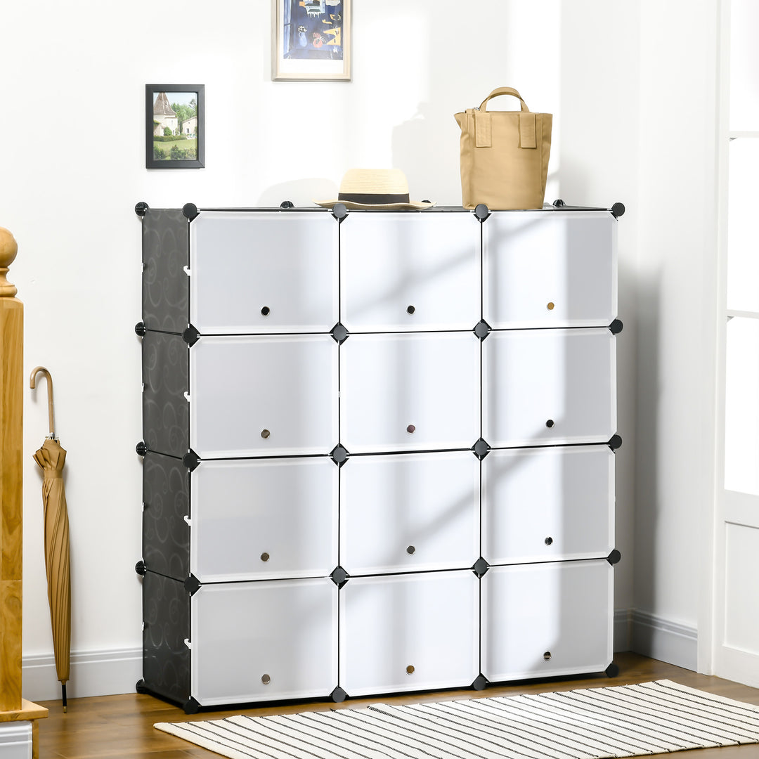 Modulært reolsystem, indstiksreol, samlet af 12 kuber 125 x 32 x 125 cm, plast + stål sort