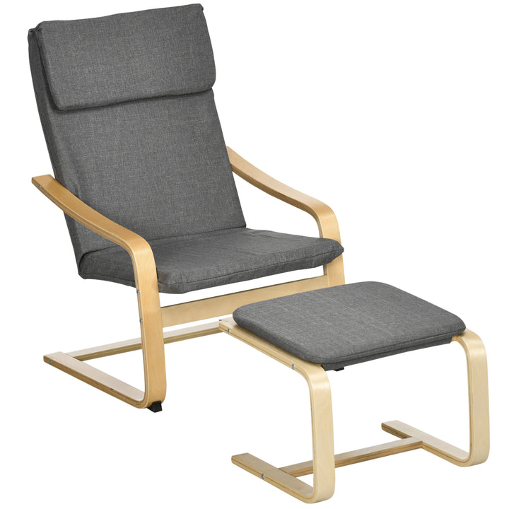 Lænestol med fodskammel, lænestolsæt, op til 120 kg, hørlook, massivt træ, grå + natur, 66,5 x 80 x 99 cm