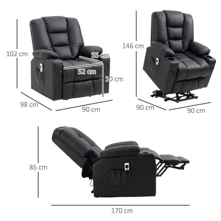 Lænestol med ståstøtte, usb, massagefunktion, kunstlæder, op til 150 kg, 90x98x102 cm, sort