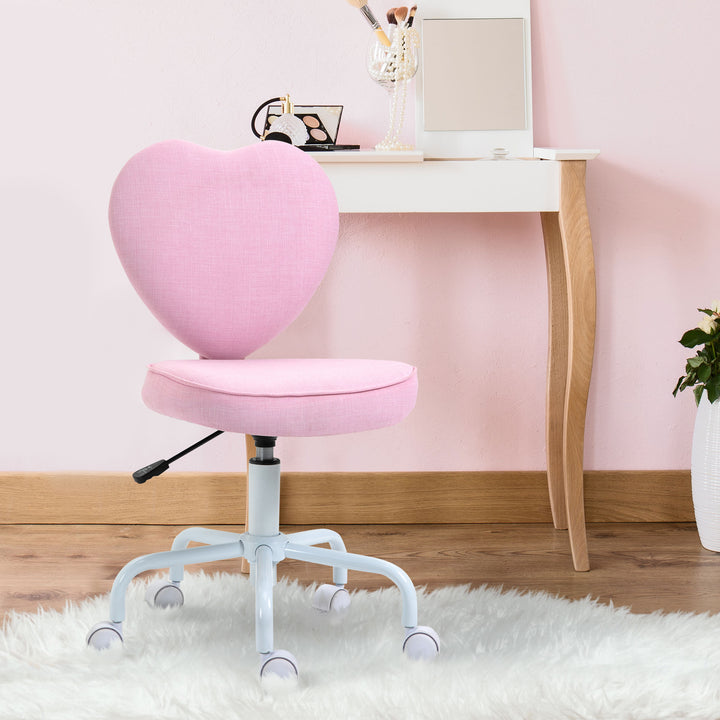 Drejestol, sødt hjertedesign, højdejusterbar, betræk i hørlook, pink, 42 x 50 x 79-89 cm