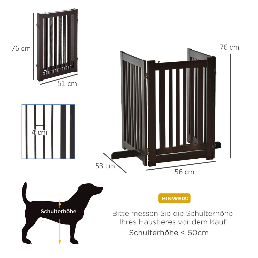 Hundegitter, fritstående, justerbar sikkerhedsgitter med fødder, 155 x 76 cm, træ, foldbar, trappegitter til trapper, døre, køkken, entre, 3 paneler, mørkebrun