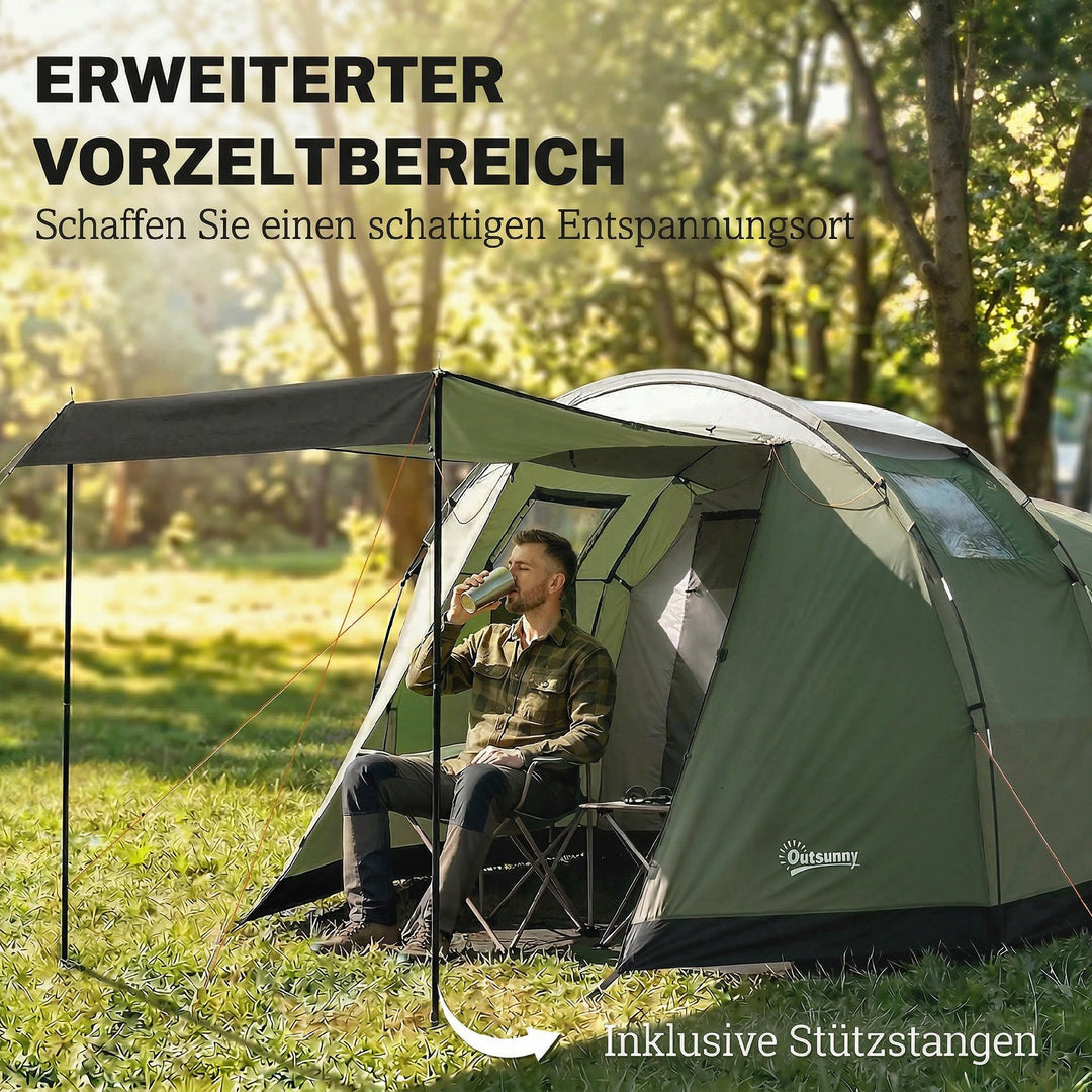 Campingtelt til 3-4 personer, robust 3000 mm vandtæt, familietelt med sovekabine, forhal, opholdsstue, grøn