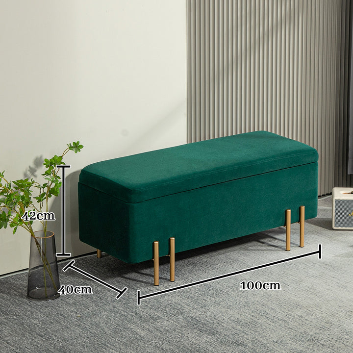 Bænk, polstret bænk med opbevaring, metal, gummitræ, skum, 100 x 40 x 42 cm, grøn