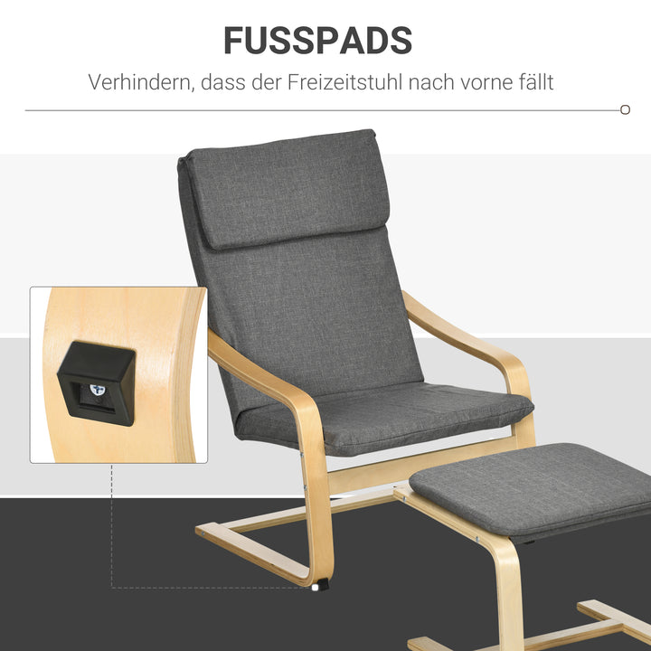 Lænestol med fodskammel, lænestolsæt, op til 120 kg, hørlook, massivt træ, grå + natur, 66,5 x 80 x 99 cm
