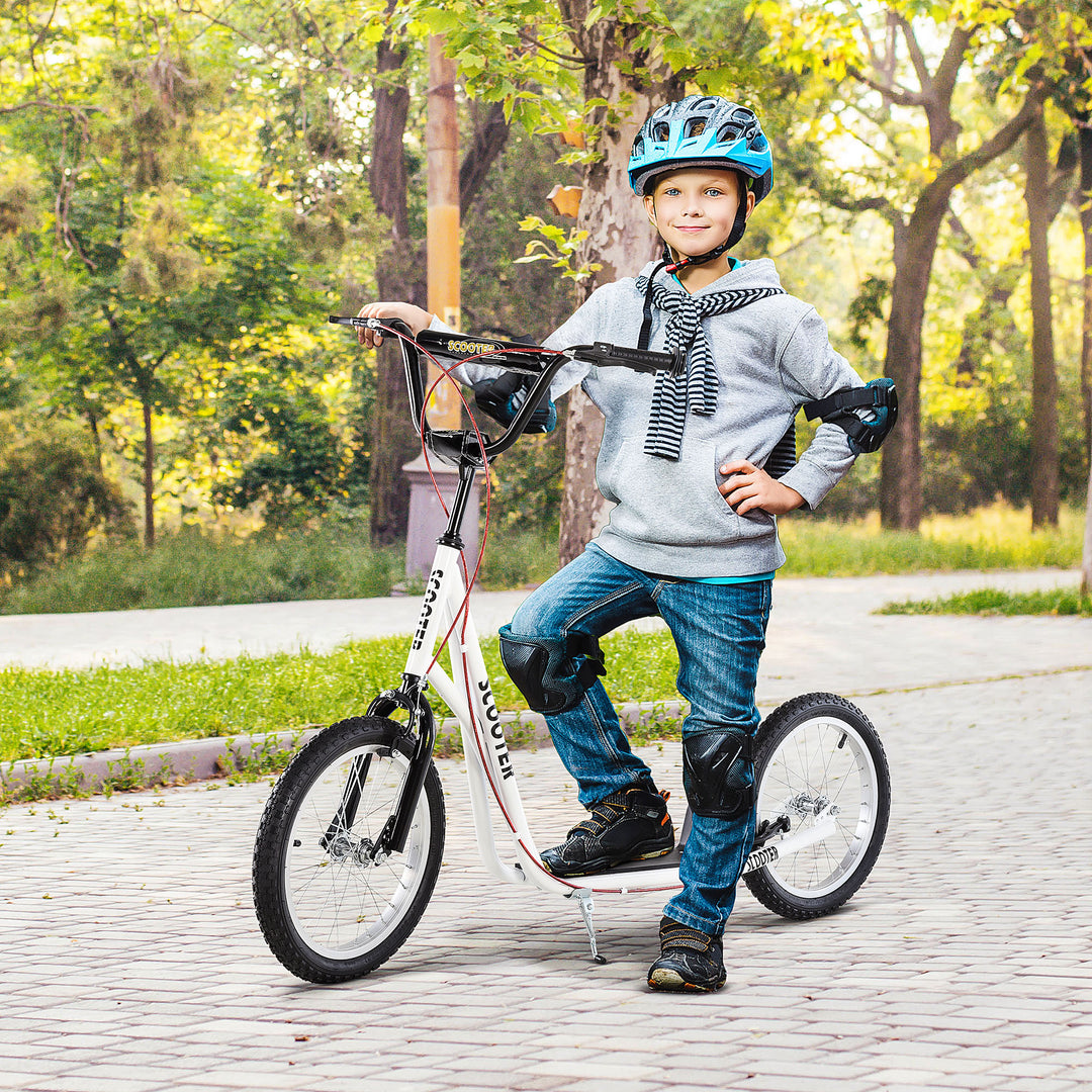 Børnescooter, sparkscooter, city scooter, sparkscooter, børnesparkbræt med pneumatiske dæk og håndbremse, scooter til børn, vandtæt, foldbar, fra 5 år, 16 tommer, hvid, 139 x 58 x 90-96 cm