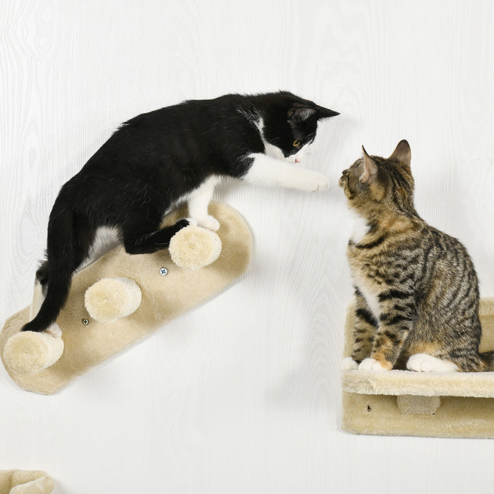 4-Delt klatrevægssæt til katte med kattetrappe, hængekøje, platform og kradsetræ, beige