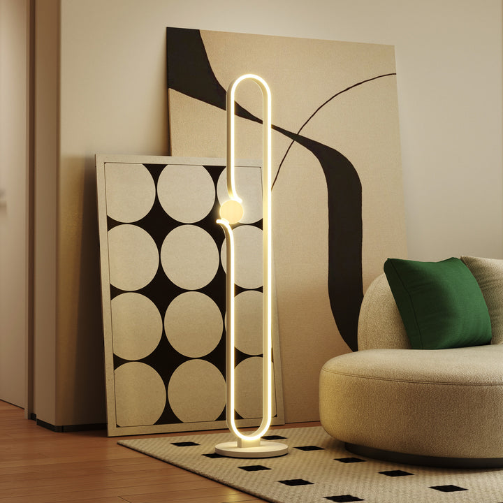 Led-gulvlampe, nodedesign, glasskærm, metal, plastik, hvid