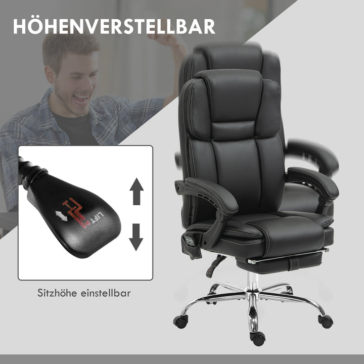 Justerbar kontorstol med 6 massagepunkter, varmefunktion, fodstøtte, kunstlæder, sort
