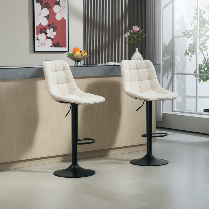 Moderne barstol, sæt med 2 drejebarstole med ryglæn, højdejusterbar, med fodstøtte, polstret, beige