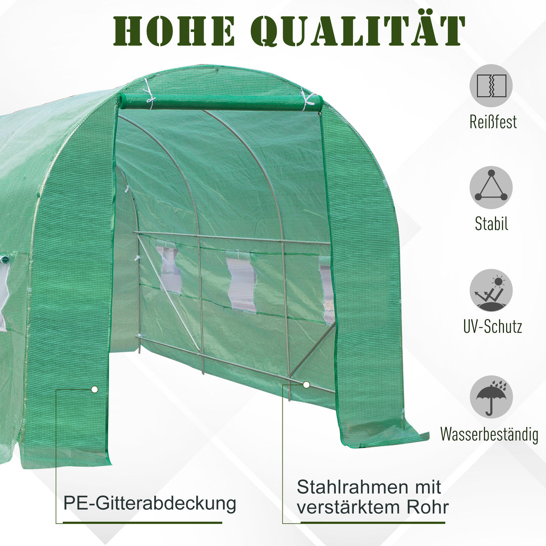 Drivhus 445x190x200cm plastikdrivhus tomathusdør med myggenet, vindue, galvaniseret stålfilmtunnel, staldplantetunnel, drivhus inklusive jordankerreb, grøn