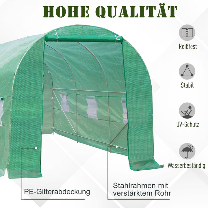 Drivhus 445x190x200cm plastikdrivhus tomathusdør med myggenet, vindue, galvaniseret stålfilmtunnel, staldplantetunnel, drivhus inklusive jordankerreb, grøn