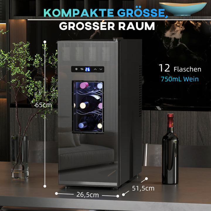 Vinkøler til 12 flasker med glasdør, drikkevarekøler med led-lys, touchskærm, sort