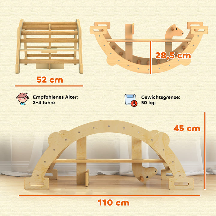 Montessori indendørs klatrestativ, 2-i-1 træklatrebue, til børn 2-4 år, 110x52x45 cm, naturtræ