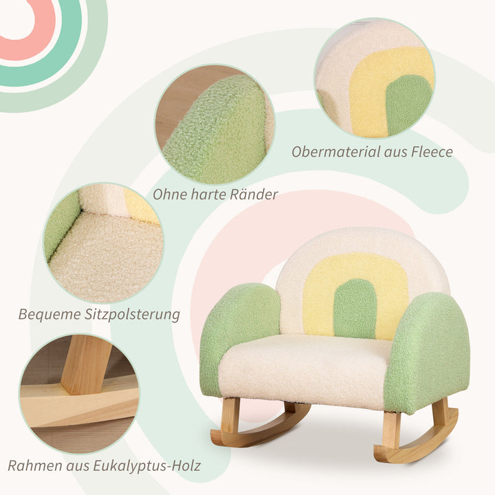 Gyngestol til småbørn sødt design, imiteret fåreskind, eukalyptustræ grøn + gul beige