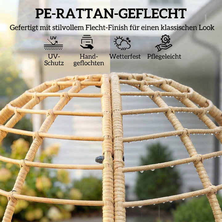 Havestol med fodskammel, ægformet fletstol i PE-rattan med lange og tykke hynder, metalstel, beige