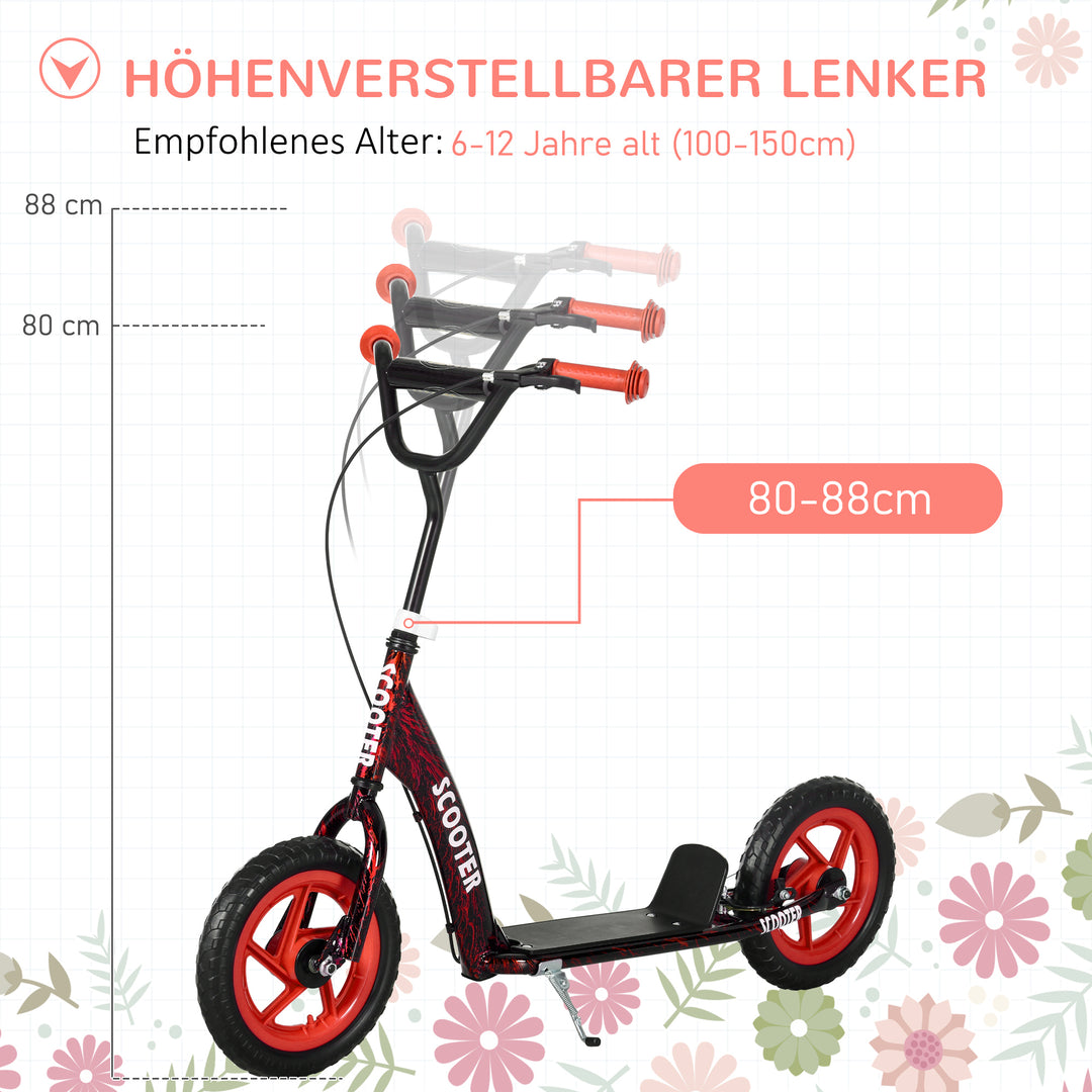 Børneløbehjul, højdejusterbart løbehjul til børn, med bremse, støtteben, 2 hjul, 50 kg lasteevne, stål, plastik, rød