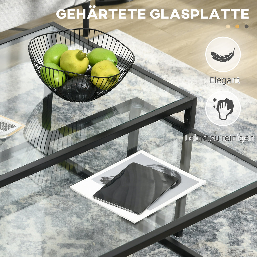 Sæt med 2 sofaborde, glasborde, med pulverlakeret stål, sort + transparent