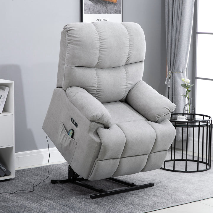 Lænestol med ståstøtte, massagestol, afslappende stol med usb-port, tv-stol med fjernbetjening, sidelomme, lænestol med fløjlslook, grå