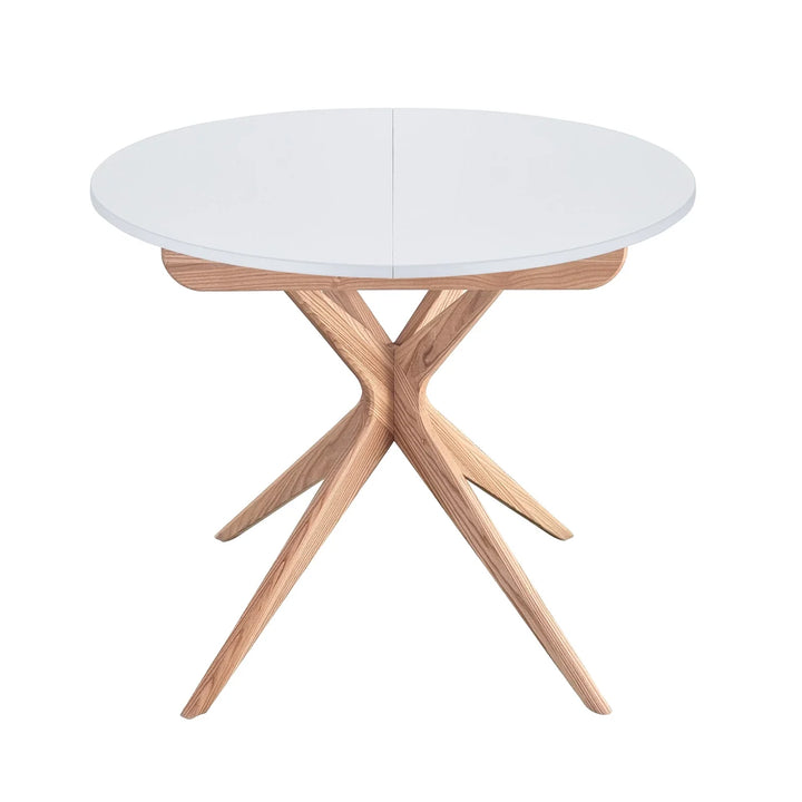 Rundt spisebord med udtræk, 90 cm, kan trækkes ud til 130 cm, hvid