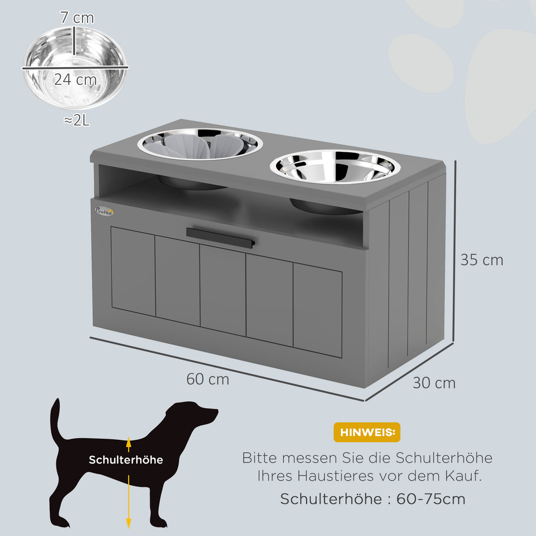 Stor hundefoderstation med 2 rustfri stålskåle og skuffe, foderdispenser til kæledyr, mdf, stål, grå