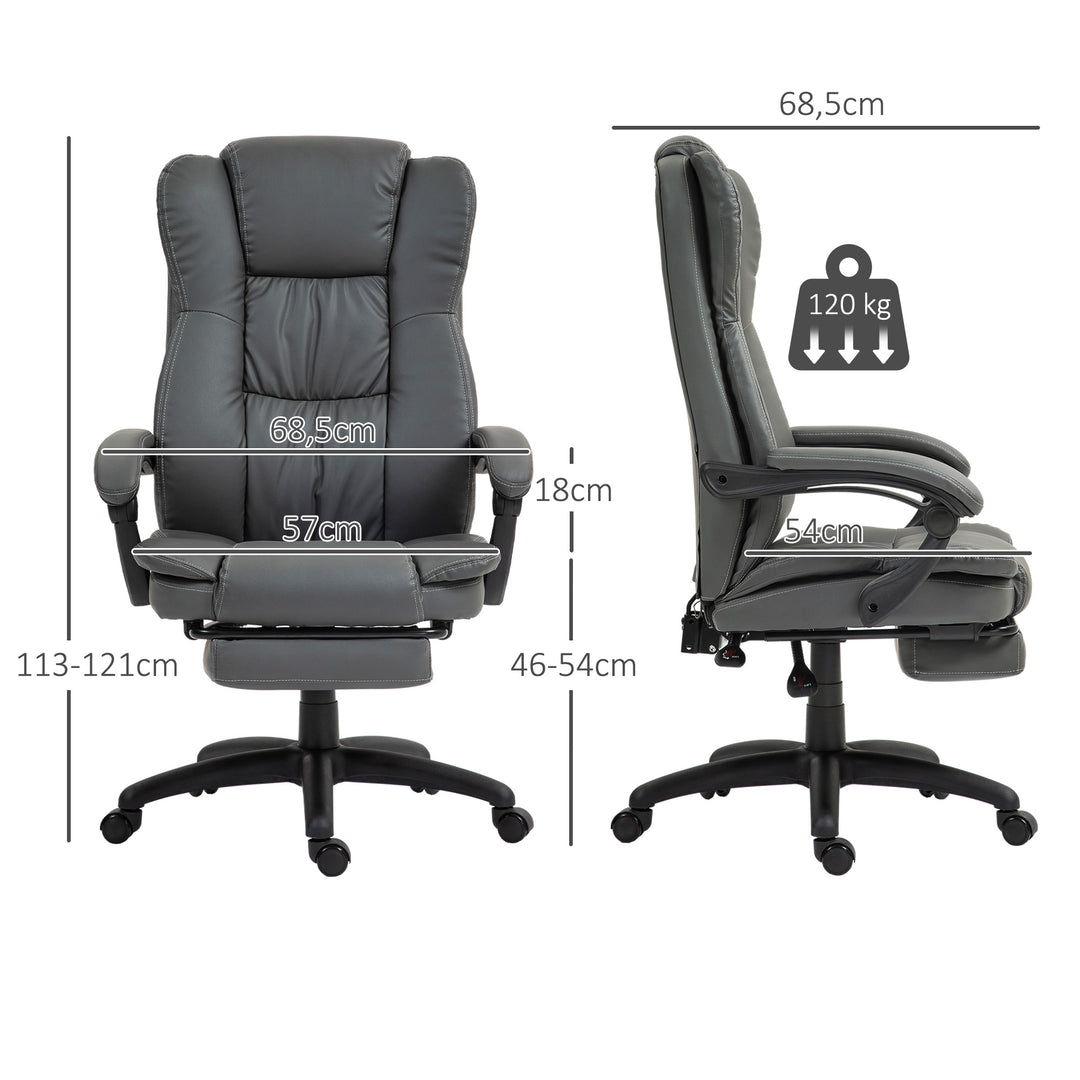 Justerbar drejestol med fodstøtte, nakkestøtte, massagefunktion, kunstlæder, 68,5 x 68,5 x 113-121 cm, mørkegrå