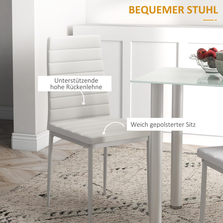 5-delt spisebordssæt, siddegruppe, spisebord med 4 stole, moderne design, glasbord, hvid