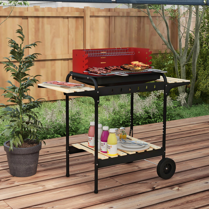 Metalkulgrill BBQ-ryger med hjul, højdejusterbar grillrist, træhylde, 103x47x95 cm, rød