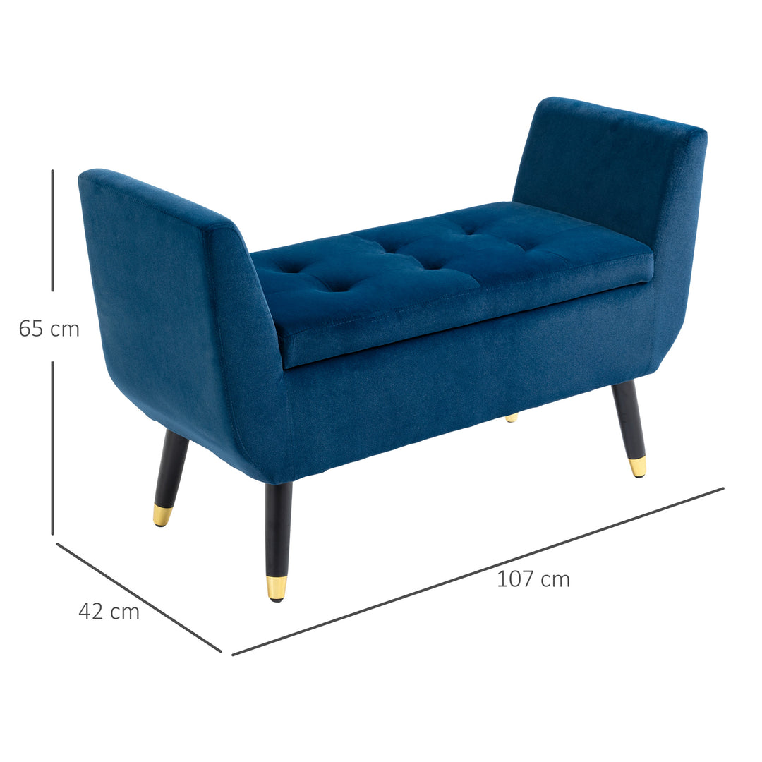 Bænk med armlæn med opbevaring, polstret bænk med fløjlslook, kommode med træben, kommodebænk til stue, soveværelse, entre 107 x 42 x 65 cm, blå