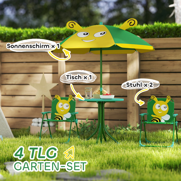 Børnehavemøbelsæt, stole, bord, parasol, bidesign, grøn+gul
