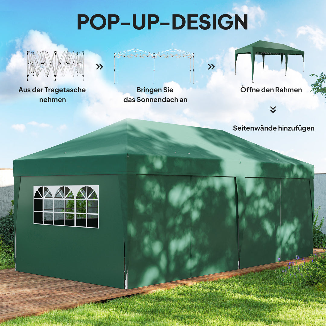 Pavillon ca. 6x3m, robust, vintersikker pop-up-foldepavillon med vindue, lynlåsdør, sidepaneler og UV-beskyttelse