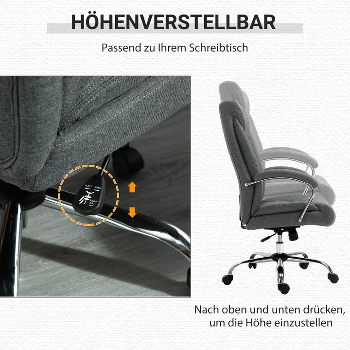 Kontorstol med gyngefunktion, ergonomisk stol med polstrede armlæn og nakkestøtte, højdejusterbar kontorstol, drejestol med ryglæn, nylon grå, 65 x 78 x 110-118 cm
