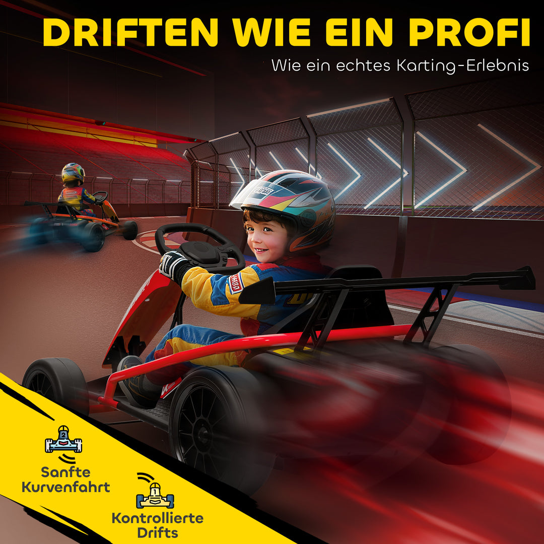 24V elektrisk gokart til kørsel og drifting, nylondæk, sikkerhedssele, horn, musik, til alderen 8-12, rød