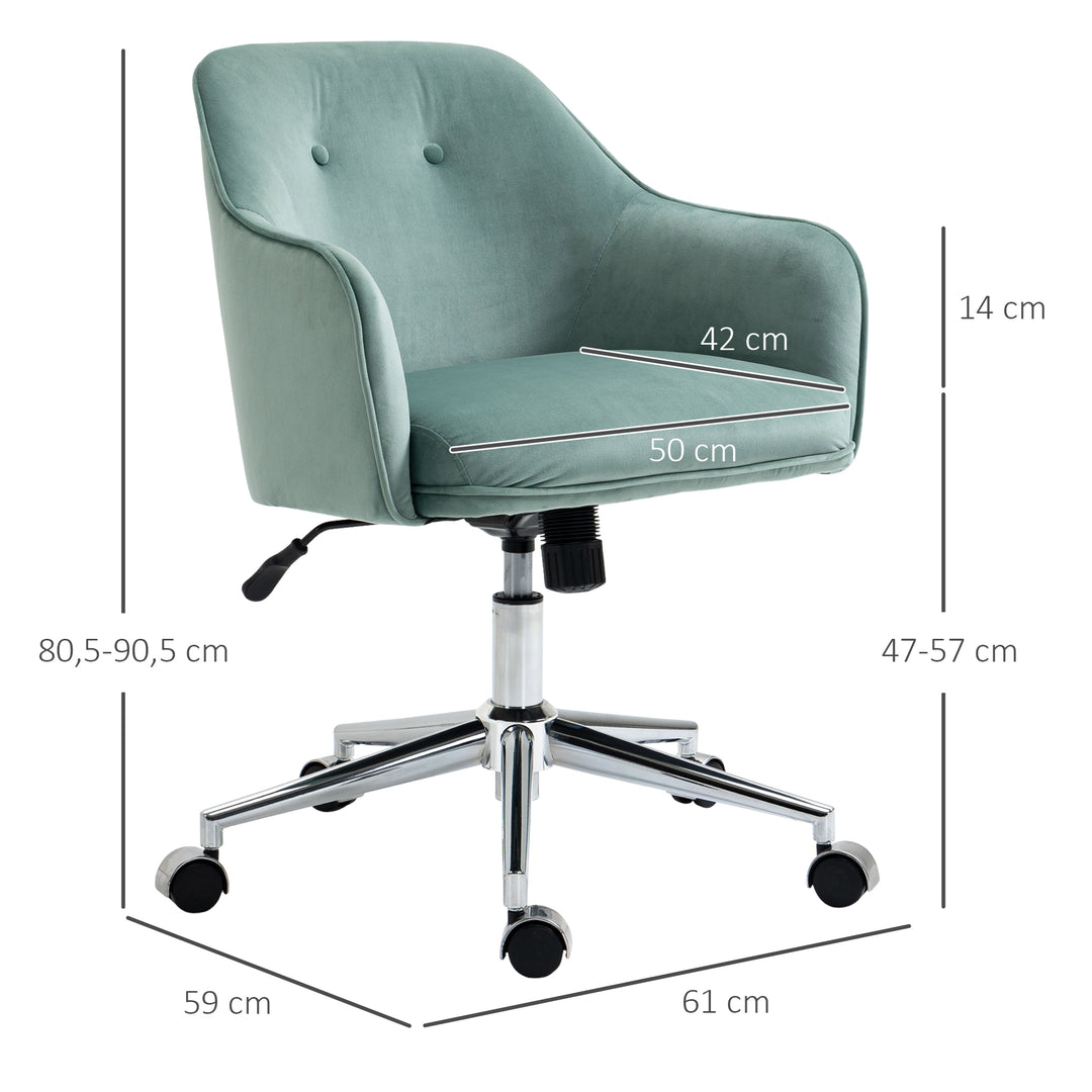 Kontorstol med knaplukning, højdejusterbar, gyngefunktion, fløjlslook, 61 cm x 59 cm x 90,5 cm, turkis