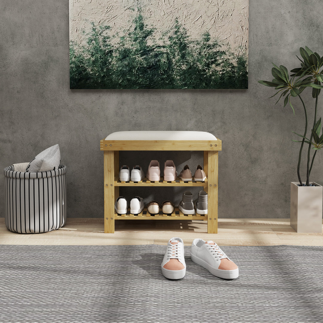 Skobænk med sæde, bambusbænk med opbevaring, 2 åbne rum, bænk 60 x 29 x 49 cm cremehvid