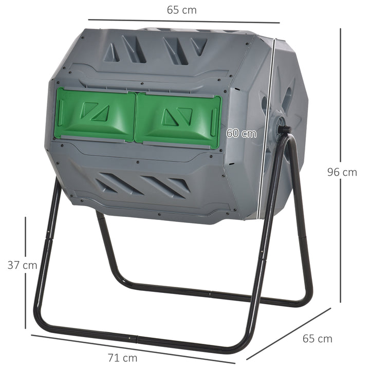 Kompostbeholder med 2 beholdere, 160 l kapacitet, roterbar, 71 cm x 65 cm x 96 cm, grå + grøn + sort