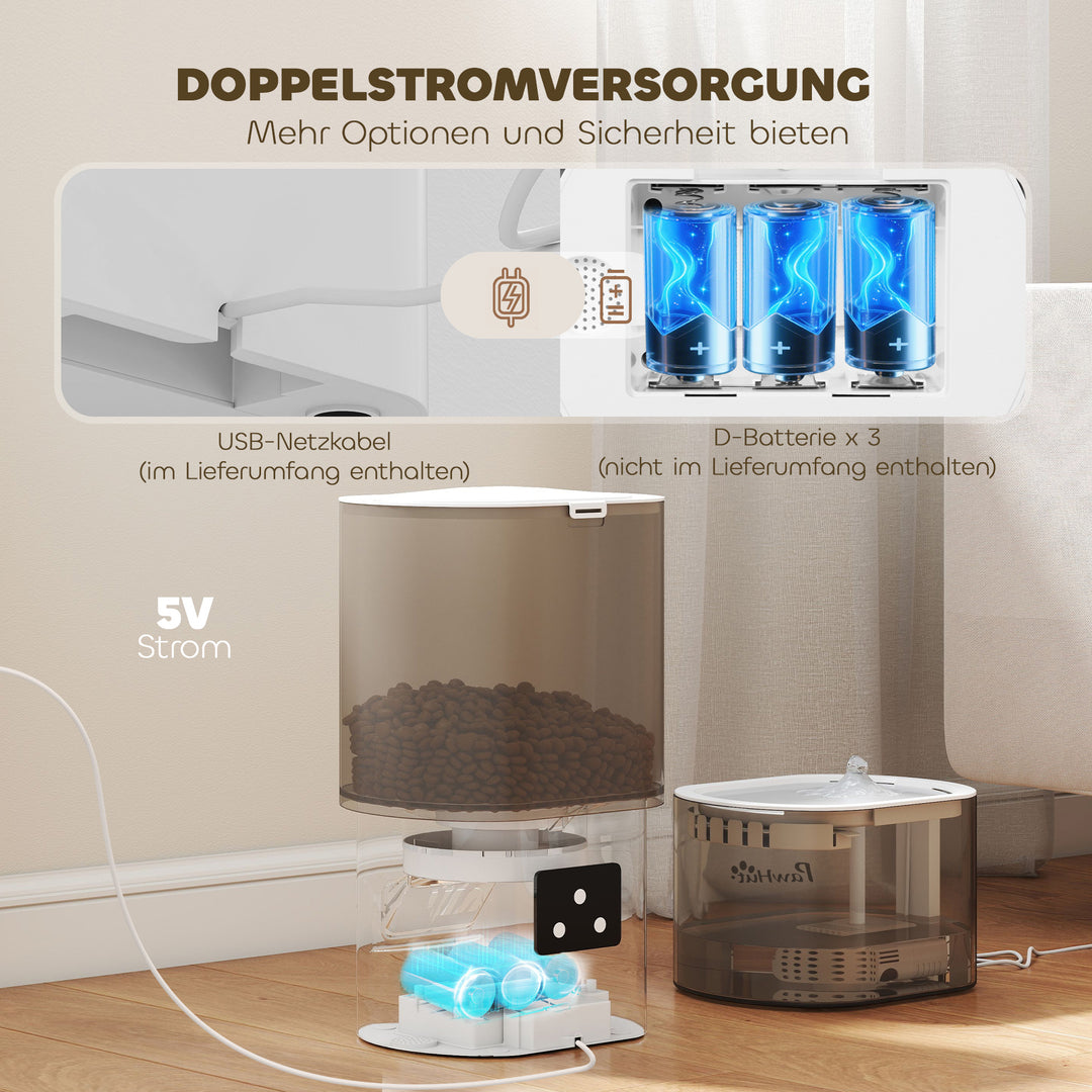 Automatisk foderautomat og 2,5 liters vanddispenser til små hunde og katte, hvid